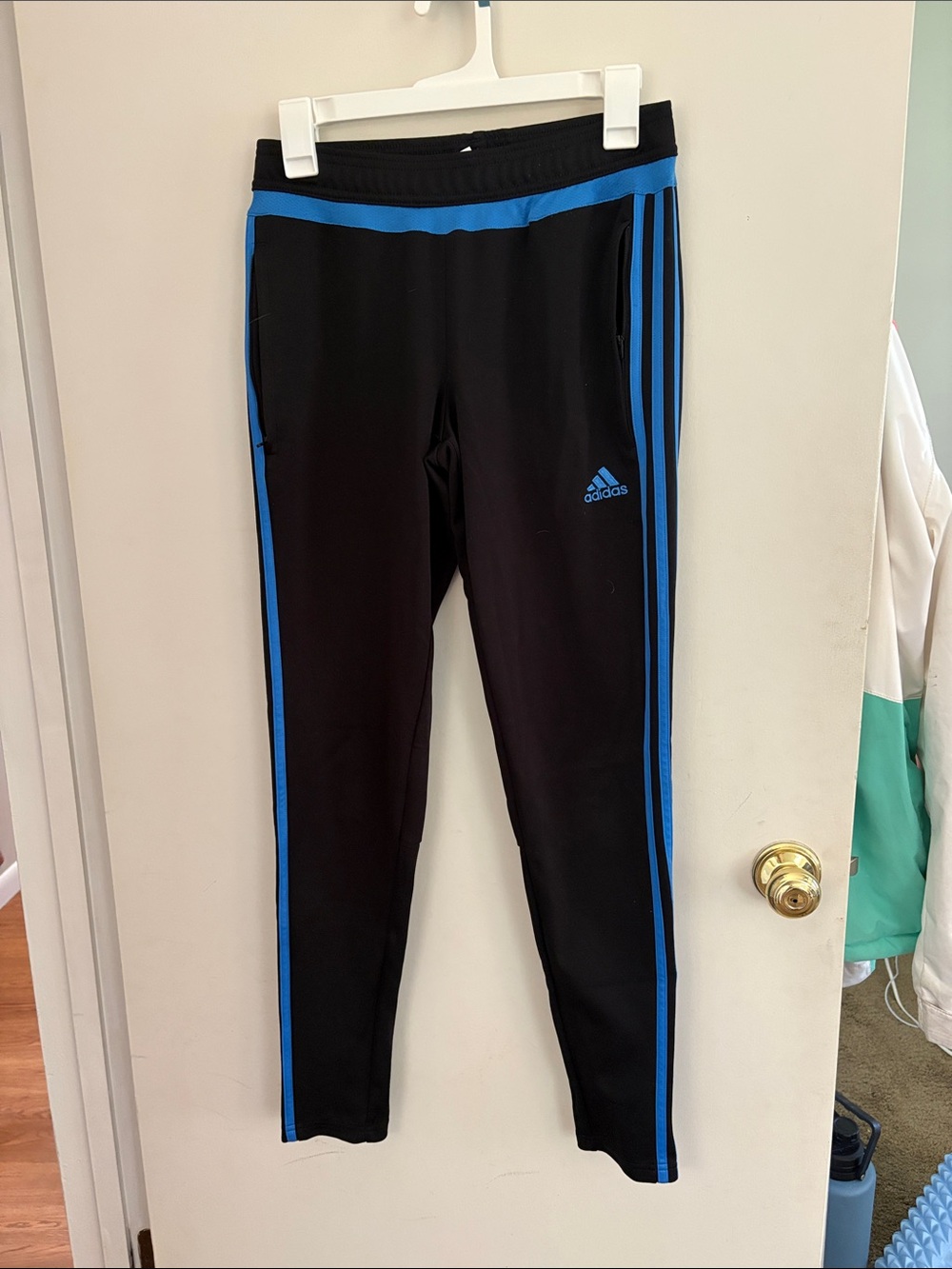 adidas Black Leggings with Blue Stripes